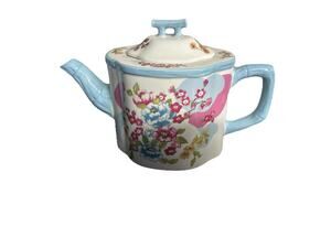 Grace Tea Ware Ceramic Teapot Square Design Red Blue Floral Pattern Bamboo